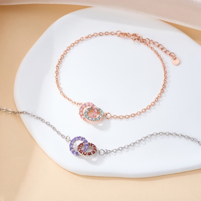 Personalized Interlocking Circle Birthstone Bracelet, Minimalist Jewelry, Valentine's Day/Anniversary/Birthday Gift for Couple/Friends/Family