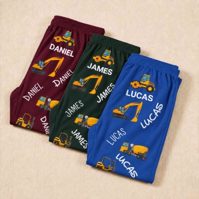 Personalized Cartoon Construction Trucks Children’s Pajama Pants with Name, Elastic Waistband Lounge Pants, Birthday/Christmas Gift for Kids/Boys