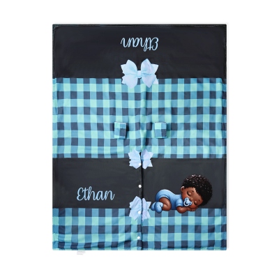 Personalisierter Autositzbezug mit Namen, Cartoon-Motiv, Afro-Stil, Schleife, Karomuster, atmungsaktiver Kinderwagenbezug, Geburtstags-/Babypartygeschenk für Neugeborene/frischgebackene Eltern