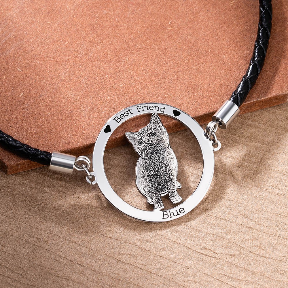 Custom Pet Photo Bracelet Unique Cute Dog Cat Animal Portrait Charm Bracelet with Engraved, Inspirational Memorial Jewelry