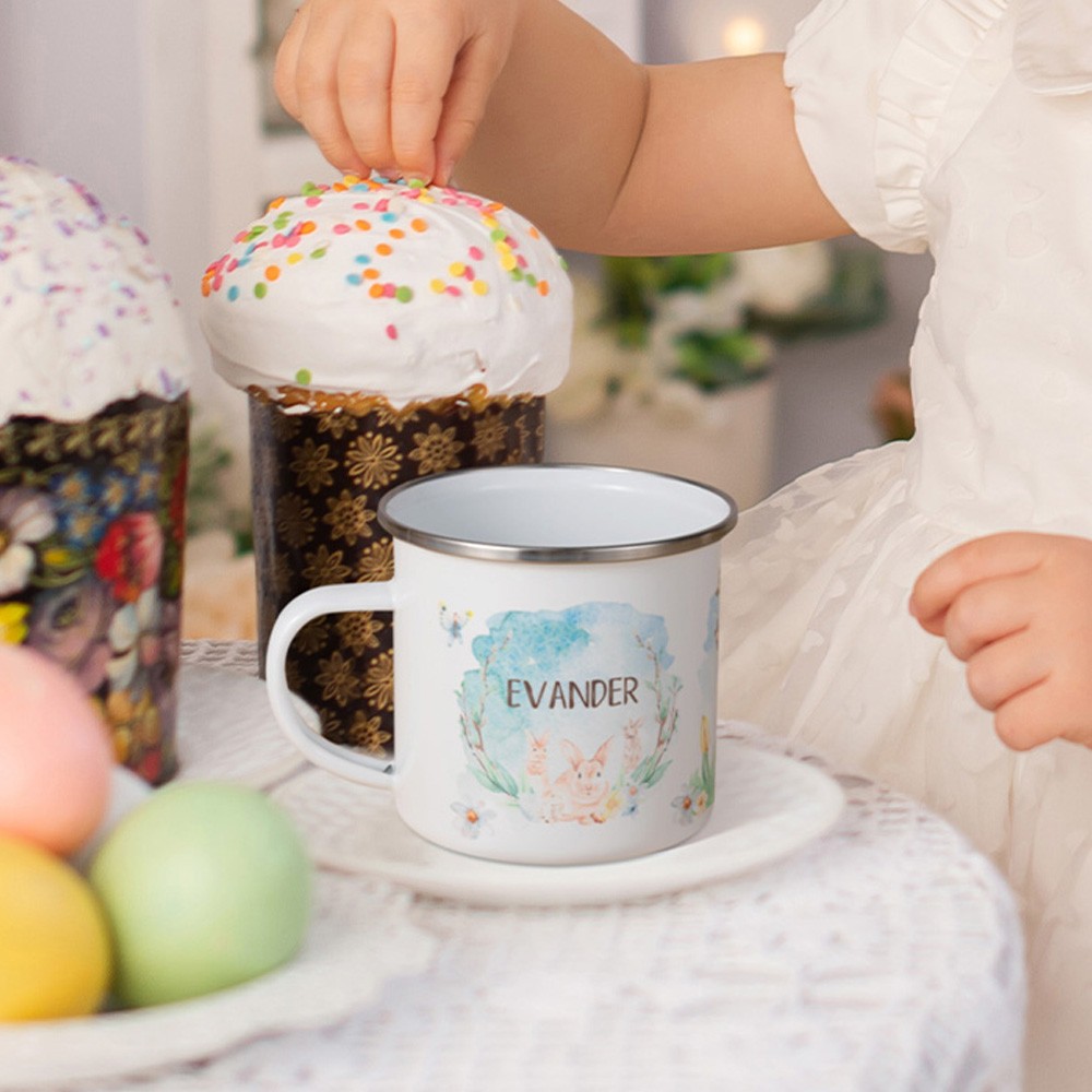 Personalized Easter Bunny Enamel Mug for Easter Gifts, Easter Decorations with Watercolour Bunnies, Custom Name Mug, Stainless Steel Mug