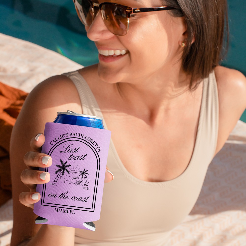 Personalized Multicolor Last Toast On The Coast Bachelorette Club Beer Can Cooler Sleeve with Name City and Year Set of 12 Beach Party Gift for Her