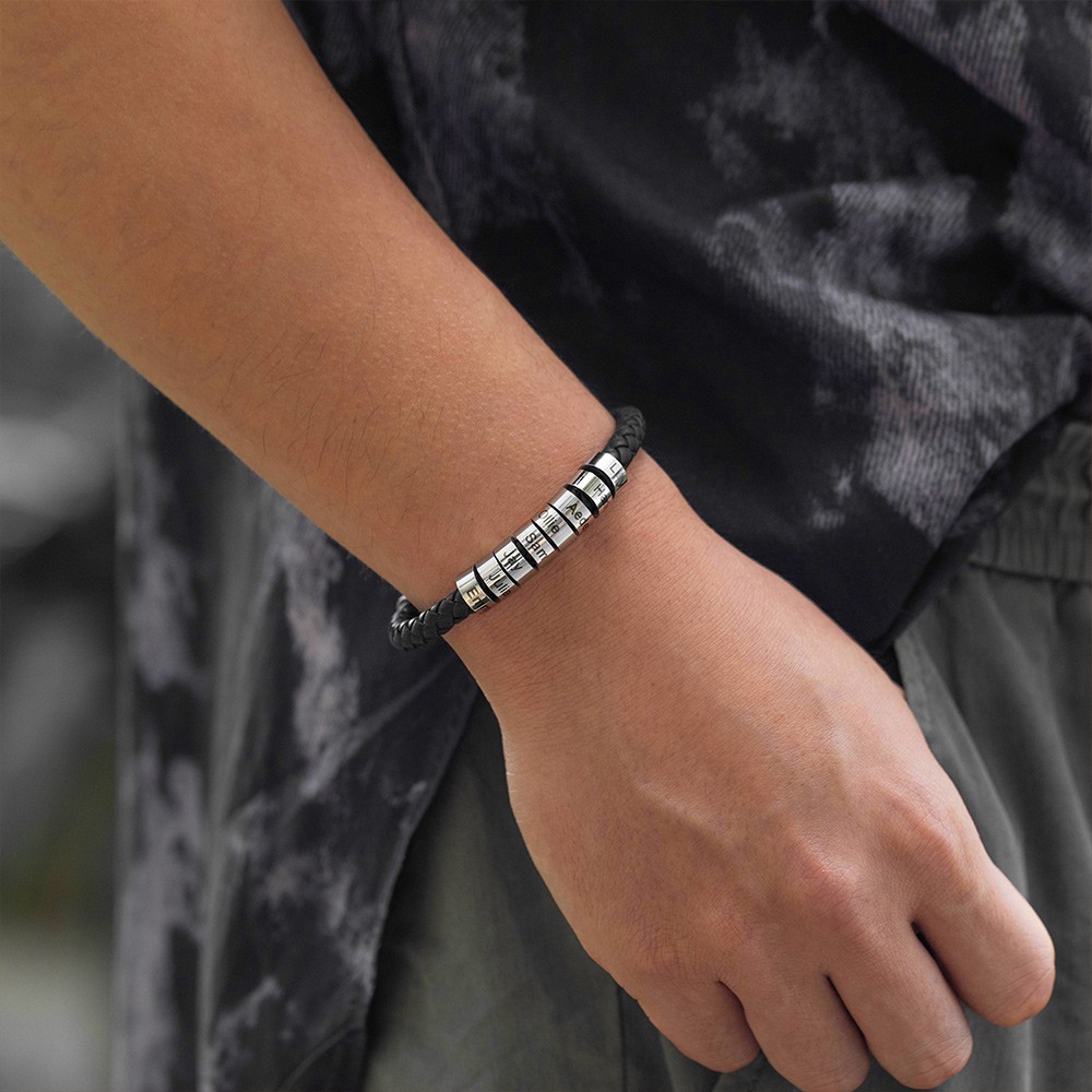 Personalized 1-8 Beads Braided Bracelet, Name Bracelet, Artificial Leather Men's Bracelet, Father's Day, Gifts for Father/Husband/Boyfriend