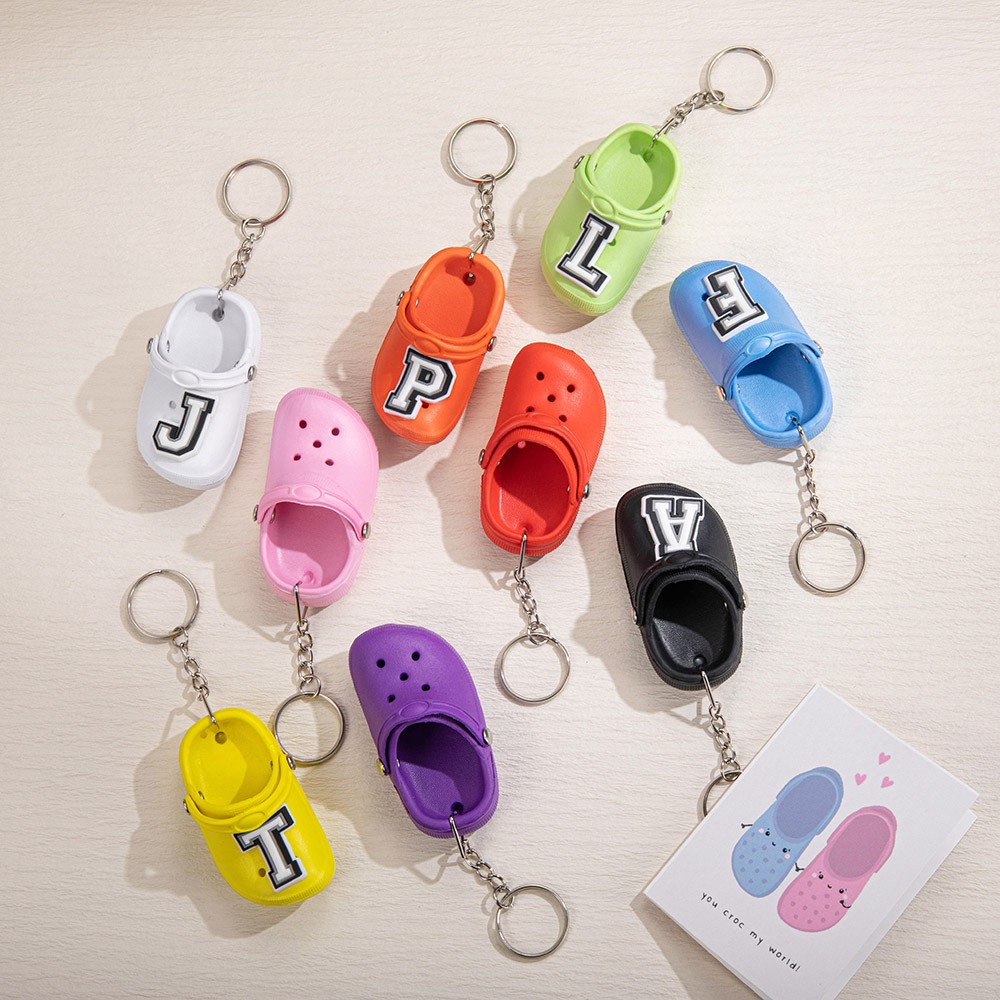 (Set of 2)Custom Mini Croc Shoes Keychains with Initial Charms, Silicone Slipper Keychains, Birthdays Gift for Boyfriend Girlfriend or Family