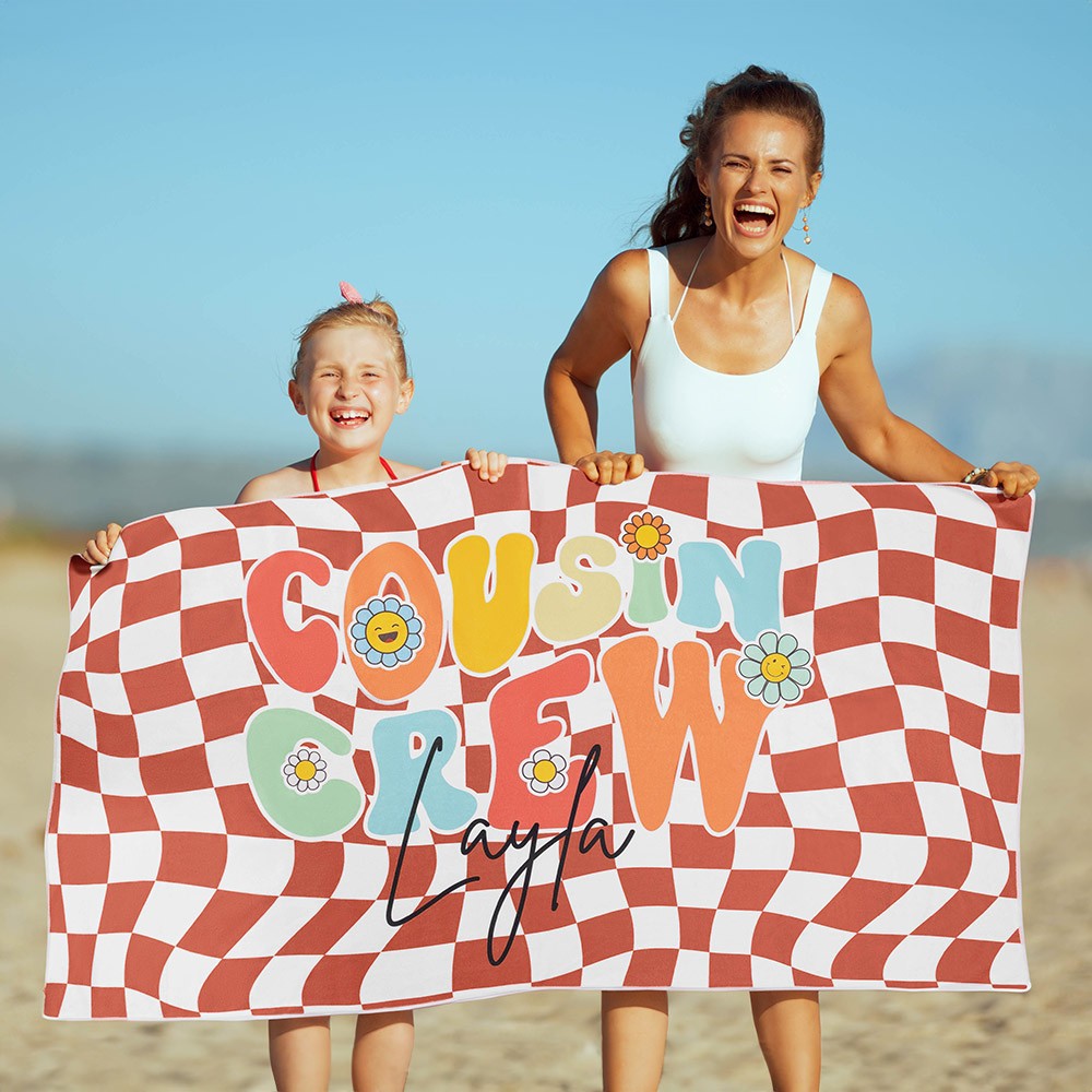 Personalized Name Cousin Crew Colorful Plaid Beach Towel, Perfect for Family Outings