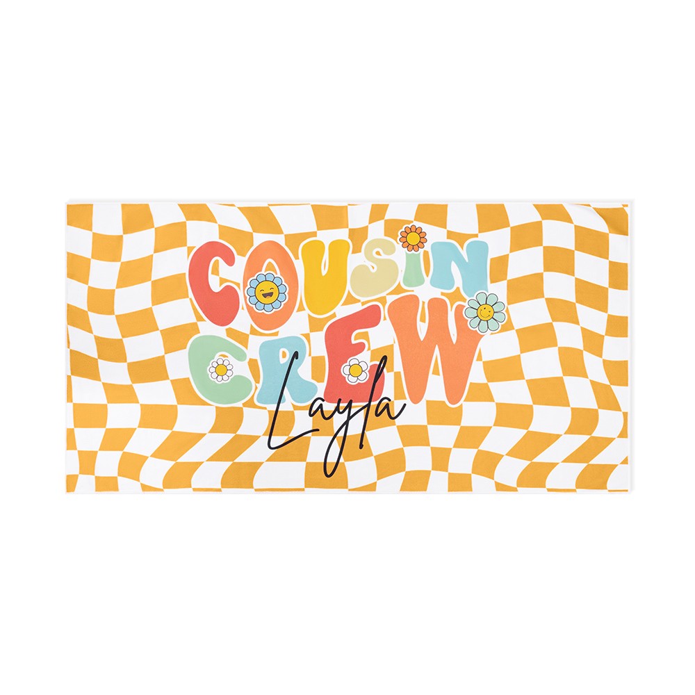 Personalized Name Cousin Crew Colorful Plaid Beach Towel, Perfect for Family Outings