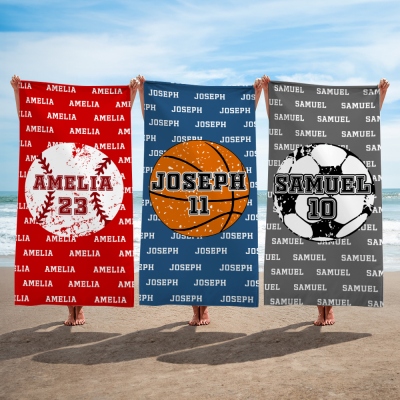 Personalized Name & Number Sports Beach Towel, Ball Games Quick Dry Bath Towel, Vacation/Beach/Pool Party Favor, Gift for Sports Lovers/Kids