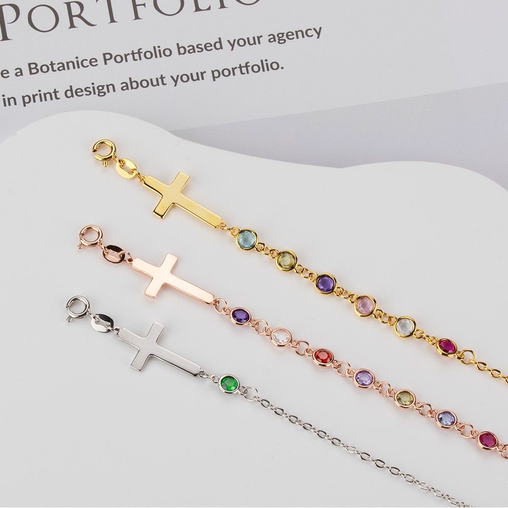 Personalized Birthstone Cross Bracelet, Customizable Cross Pendant with Birthstone, Meaningful Gift for Her