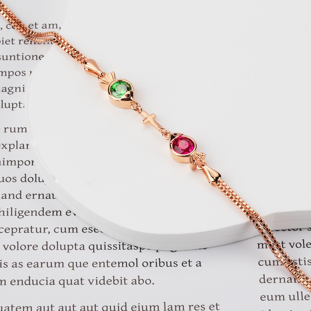 Personalized Double Fish Cross Birthstone Bracelet, Customizable Faith and Blessing Jewelry, Unique Birthday or Special Occasion Gift