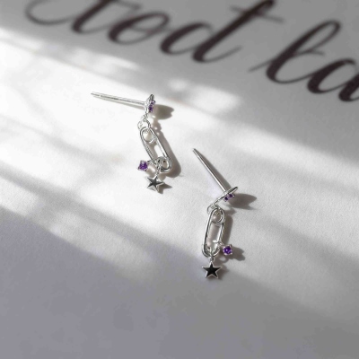Personalized Birthstone Star Safety Pin Earrings, Custom Color Dangle Earrings with Lucky Star Charm, Birthday Gift for Her, Minimalist Jewelry