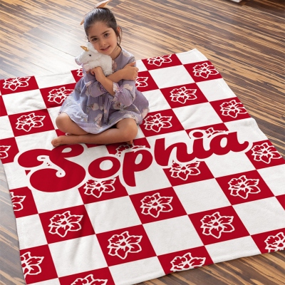 Personalized Name Birth Flower Checkerboard Flannel/Sherpa Blanket, Soft Cozy Throw for Bed Couch, Home Decor, Birthday/Christmas Gift for Kids/Family