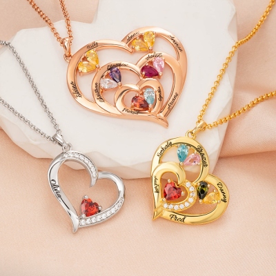 Personalized Engraved Family Necklace with 1-10 Heart-Shaped Birthstones and Names, Dainty Jewelry, Mother's Day/Christmas/Birthday Gift for Women