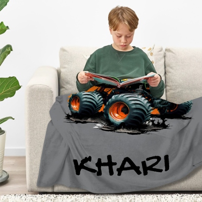 Personalized Name Giant Truck Blanket, Flannel/Sherpa Soft Bed Couch Throw, Bedroom Home Decor, Birthday/Christmas Gift for Kids/Teens/Boys