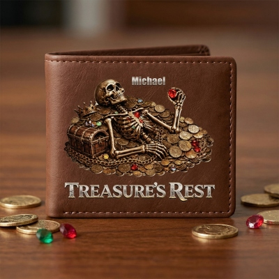 Personlig namnplånbok i läder med Treasure's Rest-motiv, vintage herrplånbok, kontantkortshållare, fars dag/födelsedag/årsdagspresent till pappa/farfar/honom