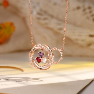 Custom Heart Birthstone Interlocking Necklace with Name, Sterling Silver 925 Circles Family Necklace, Birthday/Mother's Day Gift for Her/Mom/Grandma