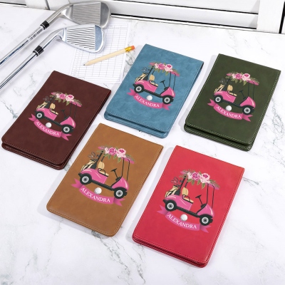Custom Leather Golf Scorecard Holder, Golf Yardage Book Cover in Pink Rose Golf Cart Design, Golf Accessories, Gift for Female Golfer/Her/Bridesmaids