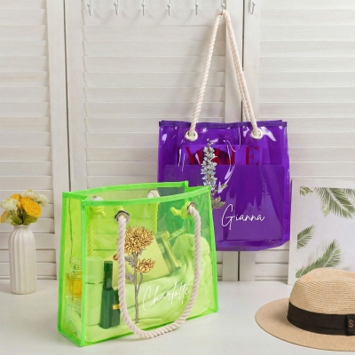Custom Name Birth Flower Neon Color Tote Bag, Transparent PVC Beach Bag with Rope Handles, Bridal Shower Favor, Vacation/Birthday Gift for Women/Girls