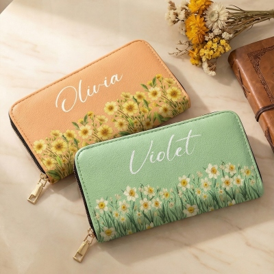 Personalized Birth Flower PU Leather Wallet with Name, Women's Zip Around Clutch Purse, Birthday/Mother's Day/Wedding Gift for Her/Mom/Bridesmaids