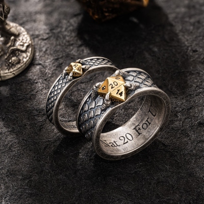 D20 Dice Dragon Scale Engagement & Promise Rings for Couples, Inner Engraved Silver/Brass Dragon Claw Ring Anniversary Gift for Her