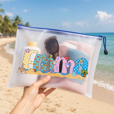Custom Name Colorful Polka Dot Alphabet PVC Mesh Wet Dry Bag, Waterproof Beach Bag, Women's Toiletry Bag, Birthday/Wedding Gift for Her/Bridesmaids