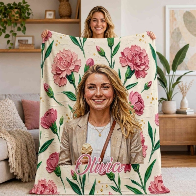 Personalized Oil Painting Portrait Birth Flower Blanket with Name, Flannel/Sherpa Bed Couch Throw, Home Decor, Birthday Gift for Her/Wife/Mom/Grandma