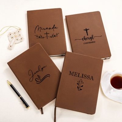 Personalized Name Cross Notebook, Vegan Leather Christian A5 Prayer Journal, Notebook for Bible Study, Birthday/Baptism Gift for Family/Friends