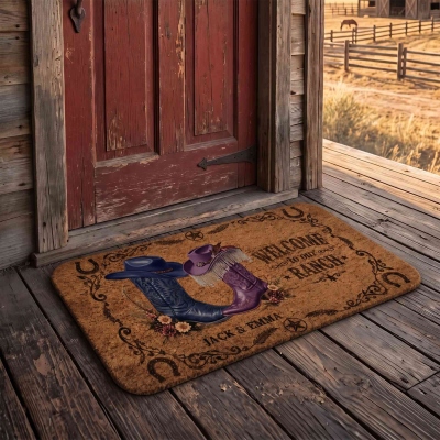 Anpassade namn Western Cowboyhattar &amp; Stövlar Hästskodesign Välkommen till vår Ranch Dörrmatta, Halkfri Golvmatta, Heminredning, Present till Par/Nygifta