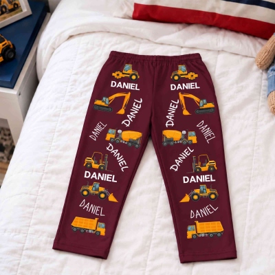 Personalized Cartoon Construction Trucks Children’s Pajama Pants with Name, Elastic Waistband Lounge Pants, Birthday/Christmas Gift for Kids/Boys