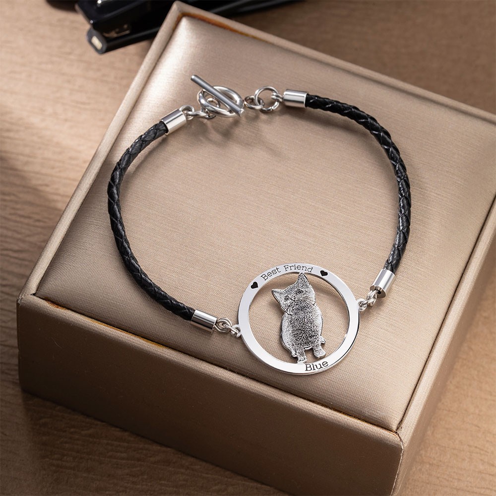 Custom Pet Photo Bracelet Unique Cute Dog Cat Animal Portrait Charm Bracelet with Engraved, Inspirational Memorial Jewelry