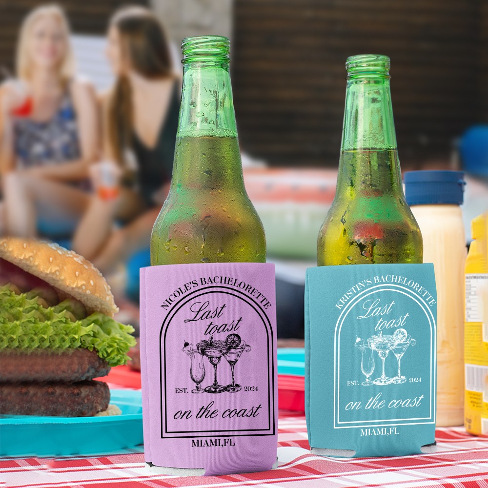 Personalized Multicolor Last Toast On The Coast Bachelorette Club Beer Can Cooler Sleeve with Name City and Year Set of 12 Beach Party Gift for Her