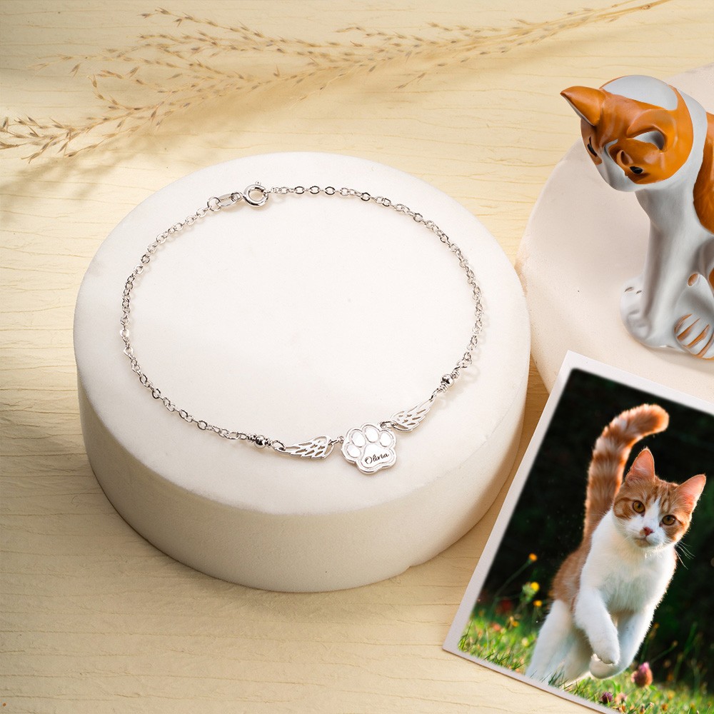 Personalized Pet Paw Angel Wing Bracelet, Custom Mommy of An Angel Bracelet, Sterling Silver 925 Pet Memorial Jewelry, Pet Loss Gift for Pet Mom/Owner