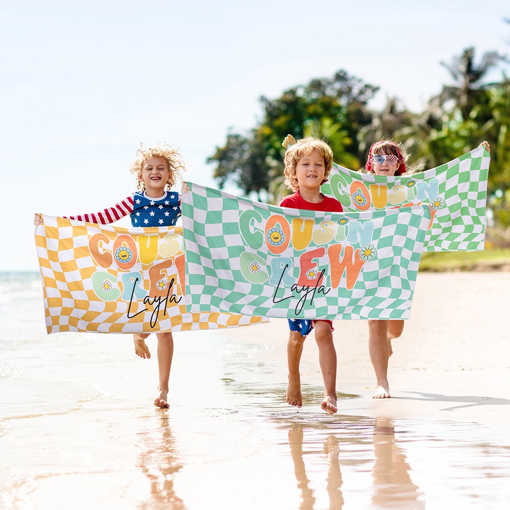 Personalized Name Cousin Crew Colorful Plaid Beach Towel, Perfect for Family Outings
