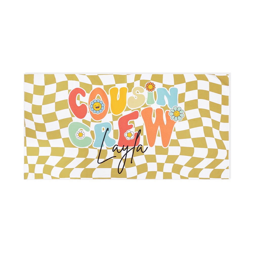 Personalized Name Cousin Crew Colorful Plaid Beach Towel, Perfect for Family Outings