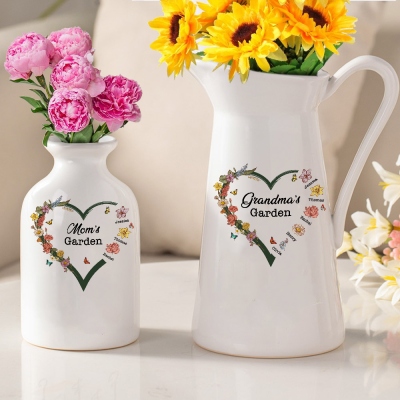 Personalized Names & Birth Flowers Grandma's Garden Vase, Floral Heart Ceramic Mug Vase, Home Decor, Birthday/Mother's Day Gift for Her/Mom/Grandma
