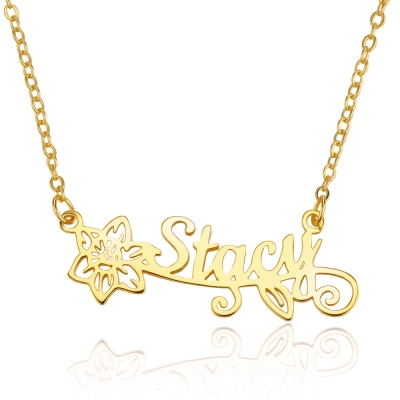 Personalized Birth Flower Name Necklace, Floral Nameplate Necklace, Sterling Silver 925 Jewelry, Mother's Day/Birthday Gift for Her/Mom/Women