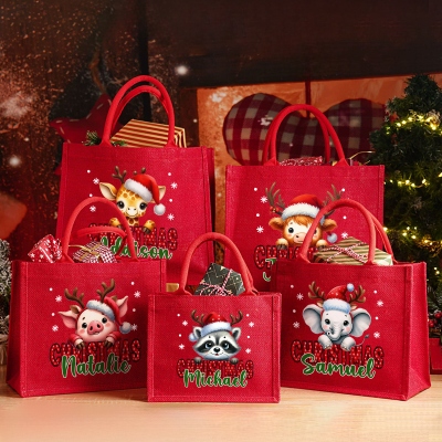 Personalized Cartoon Christmas Animal Design Tote Bag with Name, Large Capacity Jute Bag, Holiday Party Favor, Christmas Gift for Kids/Family