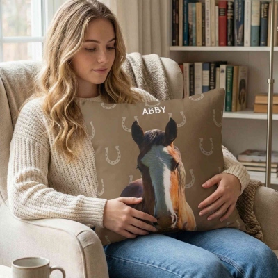 Personalized Name Horse Portrait Throw Pillow Cover, Pillowcase with Optional Insert, Home Decor, Birthday/Christmas Gift for Horse Lovers/Equestrians