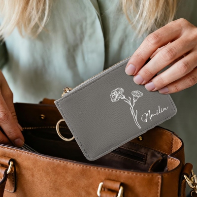 Personalisierter Kartenhalter mit Geburtsblume und Namen, Monogramm-Geldbörse aus veganem Leder, Damen-Geldbörse, Muttertags-/Brautjungfern-Geschenk für Frauen
