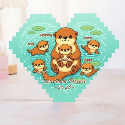 Personalized Otter Mom & Baby Heart-Shape Building Block with 1-5 Names, Family Brick Puzzle Souvenir, Birthday/Mother’s Day Gift for Her/Mom/Grandma