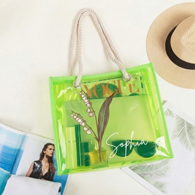 Custom Name Birth Flower Neon Color Tote Bag, Transparent PVC Beach Bag with Rope Handles, Bridal Shower Favor, Vacation/Birthday Gift for Women/Girls