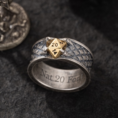 D20 Dice Dragon Scale Engagement & Promise Rings for Couples, Inner Engraved Silver/Brass Dragon Claw Ring Anniversary Gift for Her