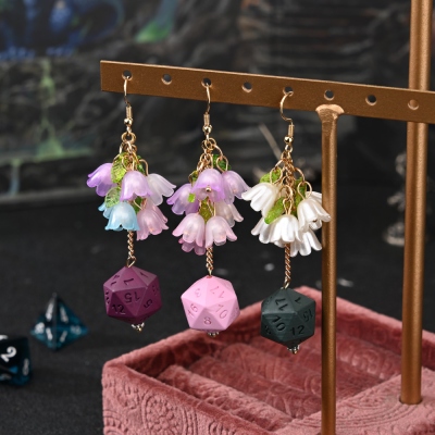 Handmade 3D Printed Resin D20 Dice Dangle Earrings, Gradient Bellflower Floral Drop Earrings, Lightweight DND Jewelry for Ren Faire & Fantasy Lovers