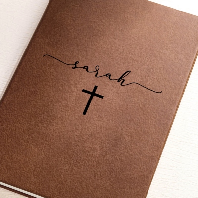 Personalized Name Cross Notebook, Vegan Leather Christian A5 Prayer Journal, Notebook for Bible Study, Birthday/Baptism Gift for Family/Friends