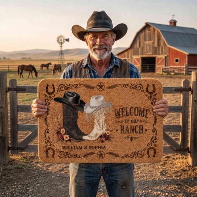 Anpassade namn Western Cowboyhattar &amp; Stövlar Hästskodesign Välkommen till vår Ranch Dörrmatta, Halkfri Golvmatta, Heminredning, Present till Par/Nygifta