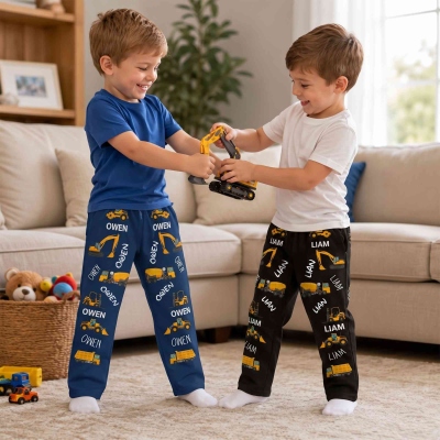 Personalized Cartoon Construction Trucks Children’s Pajama Pants with Name, Elastic Waistband Lounge Pants, Birthday/Christmas Gift for Kids/Boys
