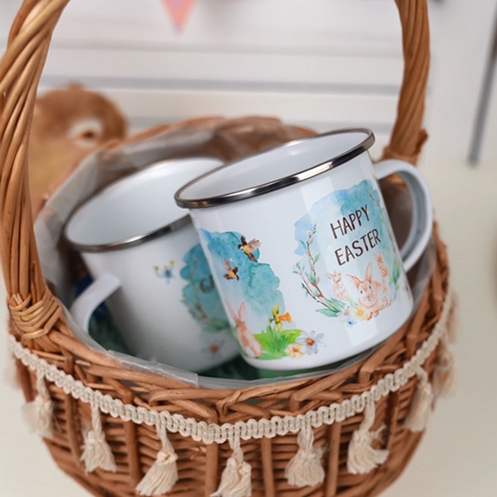 Personalized Easter Bunny Enamel Mug for Easter Gifts, Easter Decorations with Watercolour Bunnies, Custom Name Mug, Stainless Steel Mug