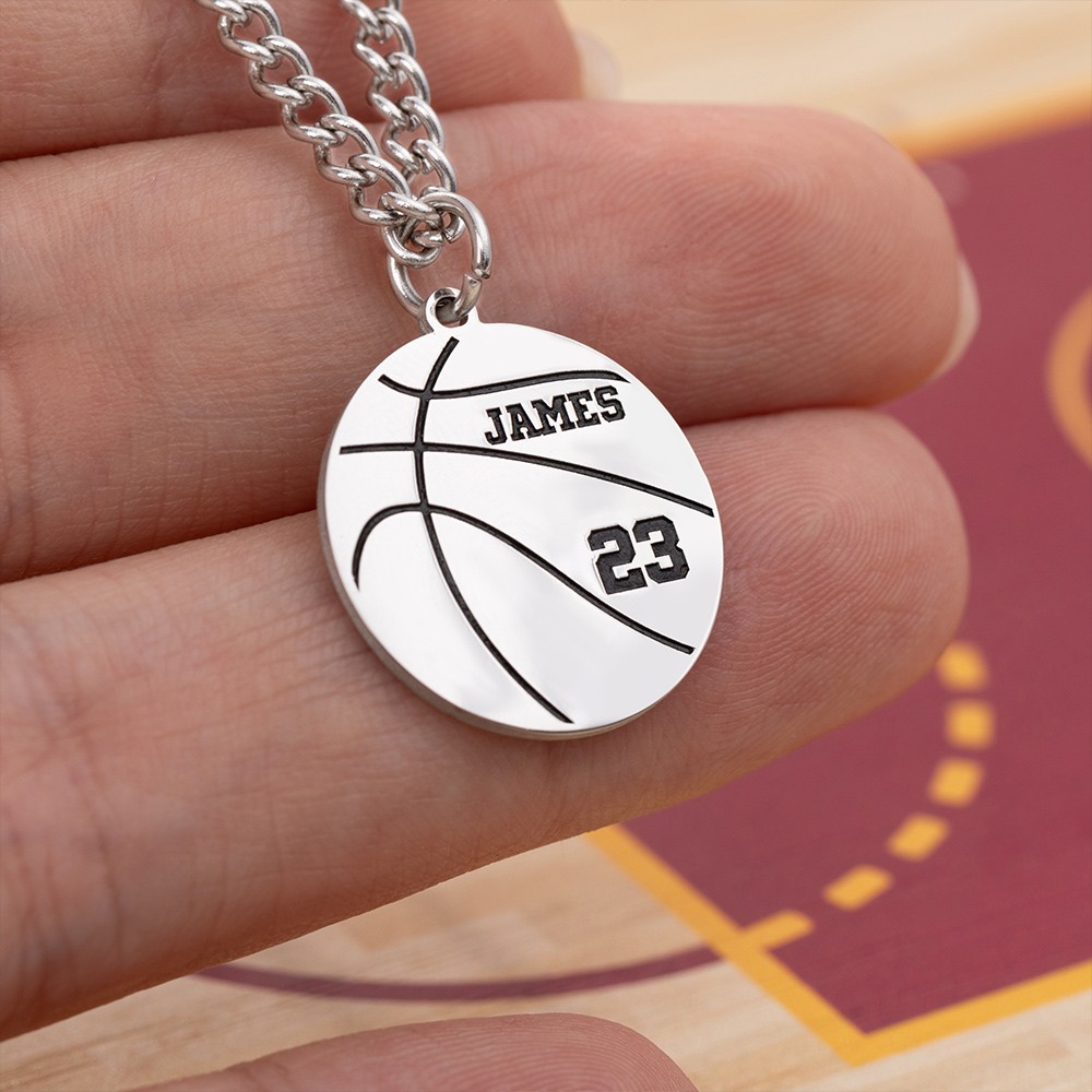 Custom Engraved Name & Number Basketball Necklace, Sports Accessory, Gift for Basketball Players/Sport Lovers