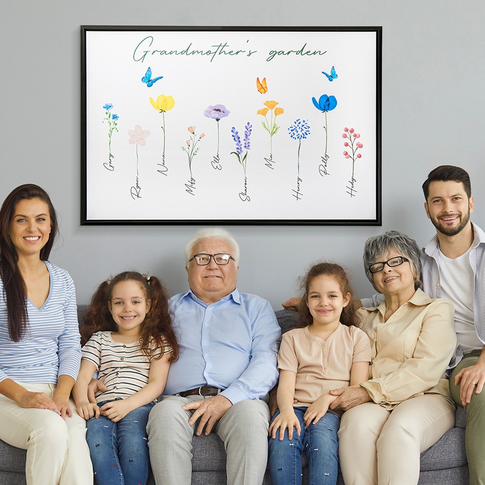Custom 1-16 Family Watercolor Flowers Horizontal Canvas Print, Frameless Family Flower Painting with Name, Mother's Day/Birthday Gift for Family/Friends