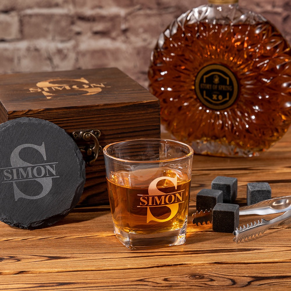 Whiskyglas-Set mit personalisiertem Monogramm und Gravur, Whiskysteine und Holzbox, Alkoholgeschenk, Geburtstags-Hochzeitsgeschenk für Papa/Bräutigam/Whiskyliebhaber