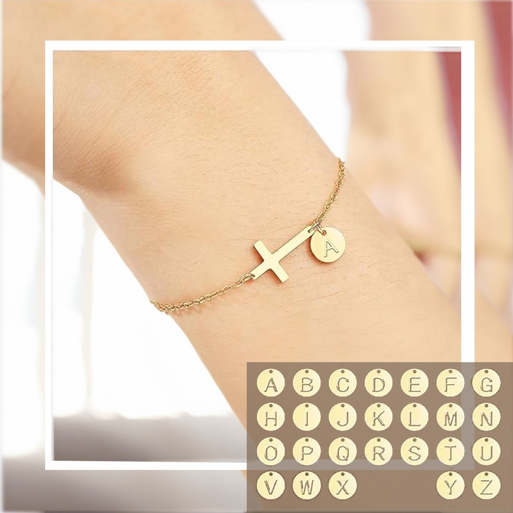 Gepersonaliseerde Cross Initial Disc Armband, Sterling Zilver 925 Religieuze Doop Geloof Sieraden, Christelijk Cadeau, Verjaardag/Moederdag Cadeau voor haar/moeder